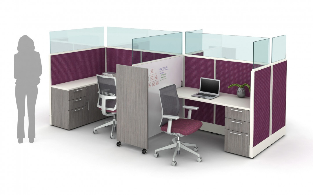 Divi 50” H Panels with 16” Glass Channel supported, surface mount screen on panels and mobile whiteboard