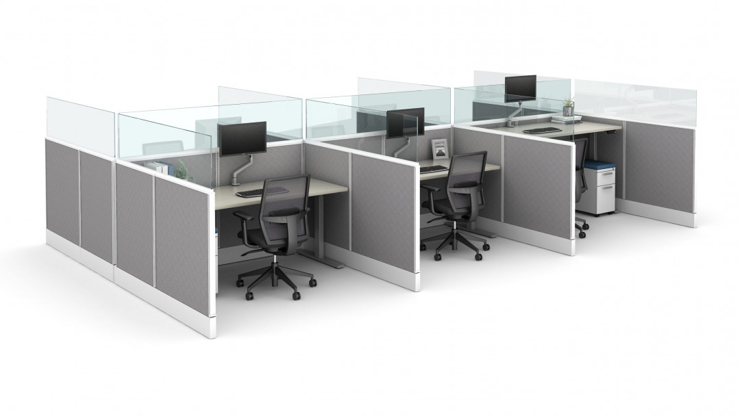 Divi Linear with 16” Channel supported panel mount glass and Height Adjustable Tables