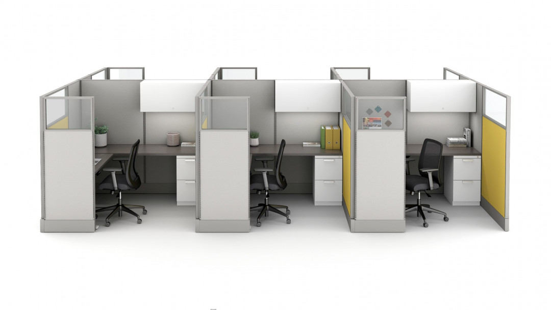 Divi Linear with Quarter Glass Panels and 16” Stacks, Height Adjustable Tables and L Series Storage