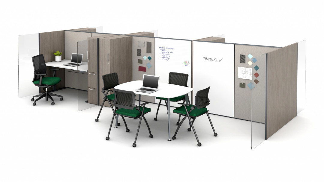 Matrix Impromptu Meeting Space with White Board Panels and Vertical Woodgrain Gallery Panels