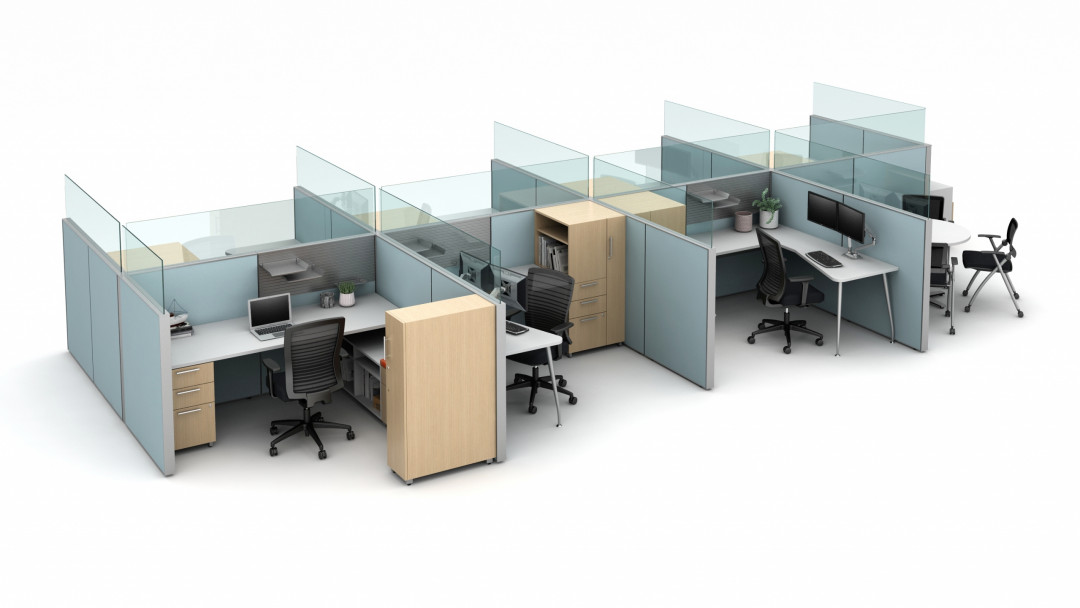 Matrix seven workstation pack with meeting area, with rail-mounted upmount glass