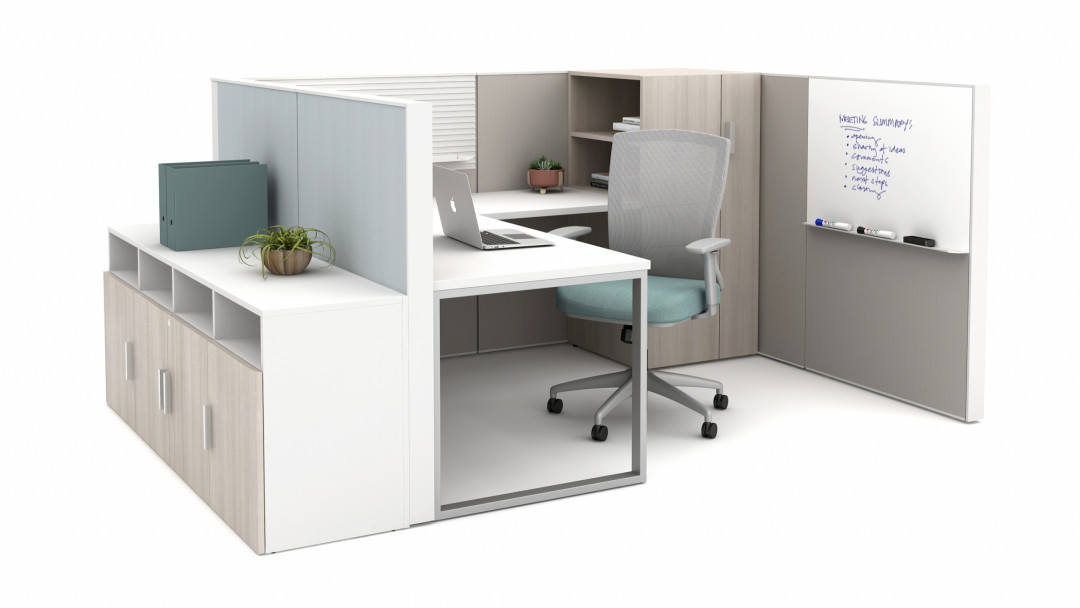 Matrix with O-Leg Worksurfaces, slat tile, markerboard, Calibrate storage and Natick Seating