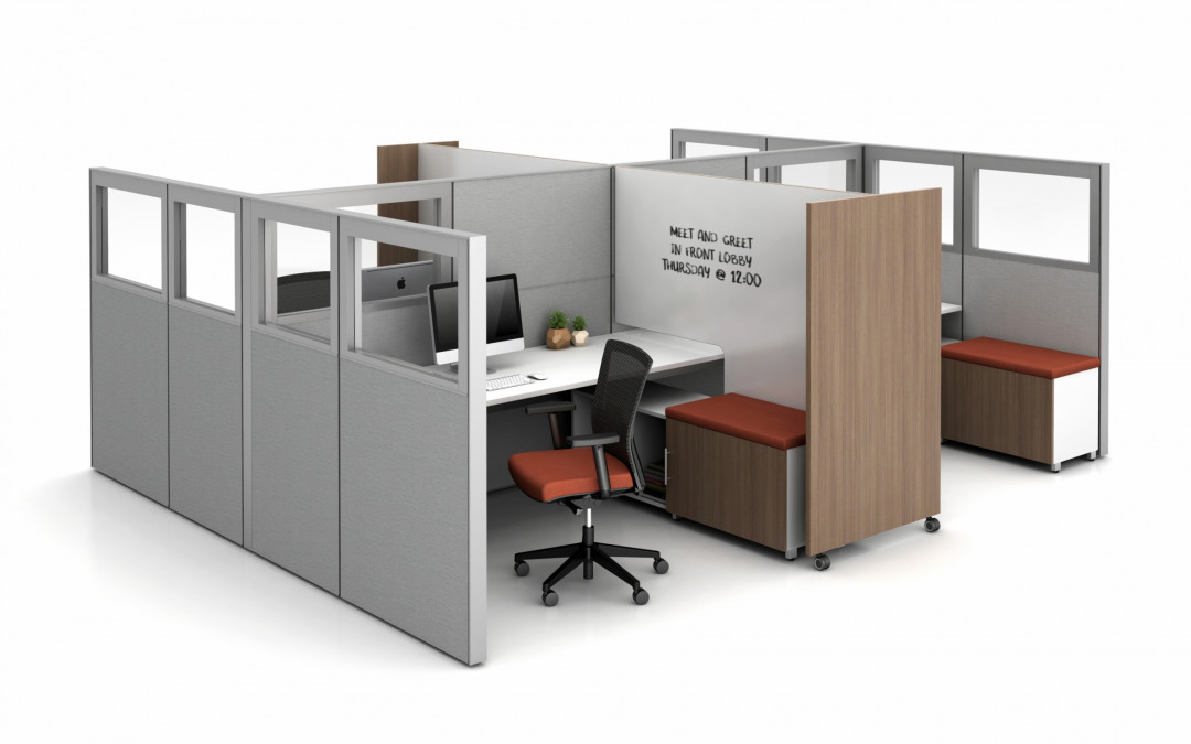 Matrix with Quarter Glass Panels, Tri-wheel Mobile Laminate Whiteboard/Divider with cut-out to divide stations, and Calibrate Storage
